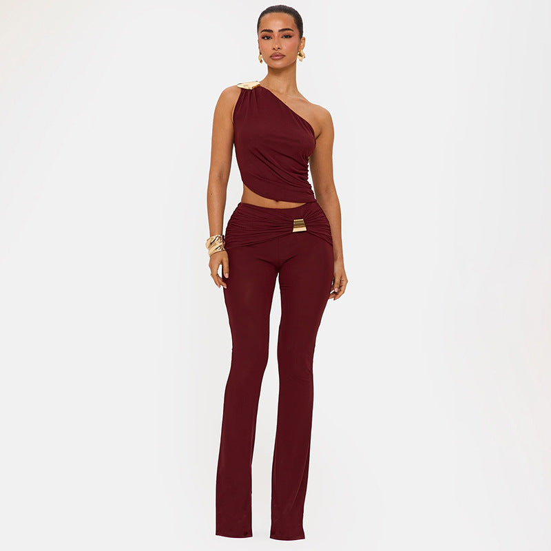 DZHT D26ST215 metal one-shoulder pleated top bootcut pants two-piece suit