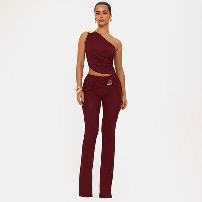 DZHT D26ST215 metal one-shoulder pleated top bootcut pants two-piece suit