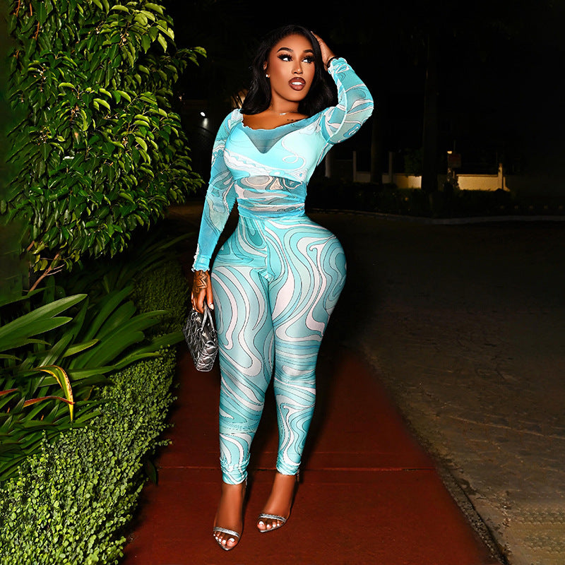 DLS long sleeve mesh sheer top slim-fit figure flattering pants suit