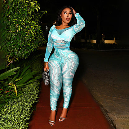 DLS long sleeve mesh sheer top slim-fit figure flattering pants suit
