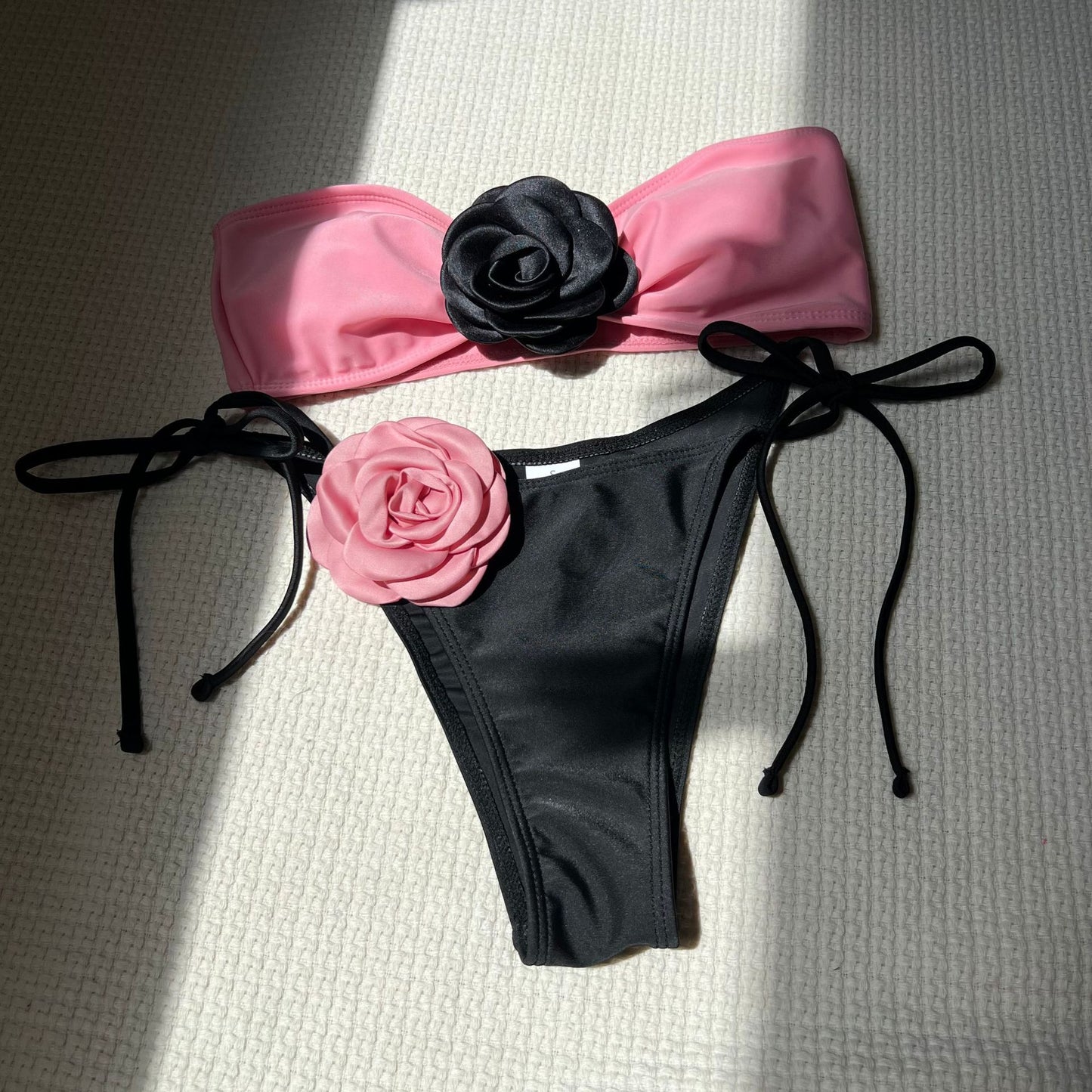 (4 days ready to ship) SY color matching rose tube top lace-up drawstring strap split swimsuit bikini 9149