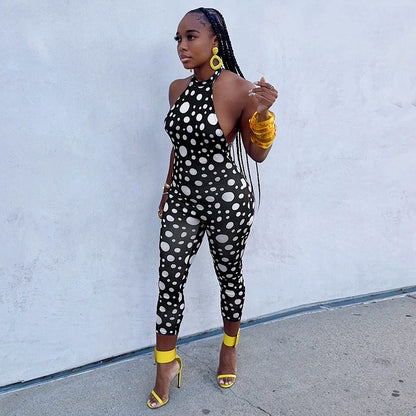 DZHT D26JP077 spring/summer polka dot print halter strap bare back tight one-piece trousers