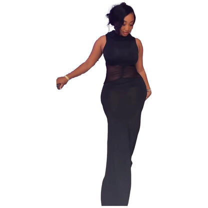 GY (S-3XL) S10626 sheath tight turtleneck sleeveless mesh stitching see-through dress