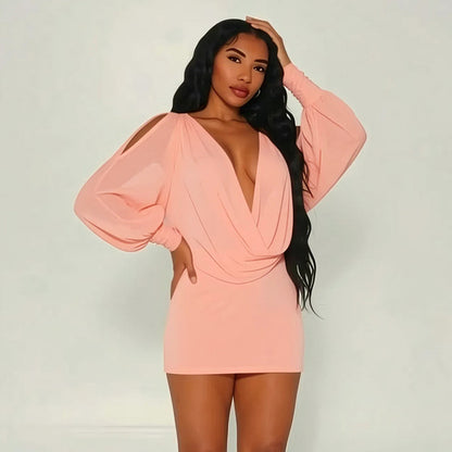 DZHT J26DS261 summer solid color long sleeve draped collar backless sheath dress short skirt