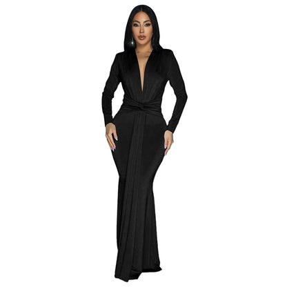 MYF (S-2XL) 061 long dress autumn and winter long sleeve fitted waist pleated dress