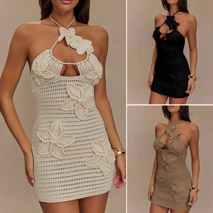 CYB knitted dress backless elegant flowers tube top package hip dress