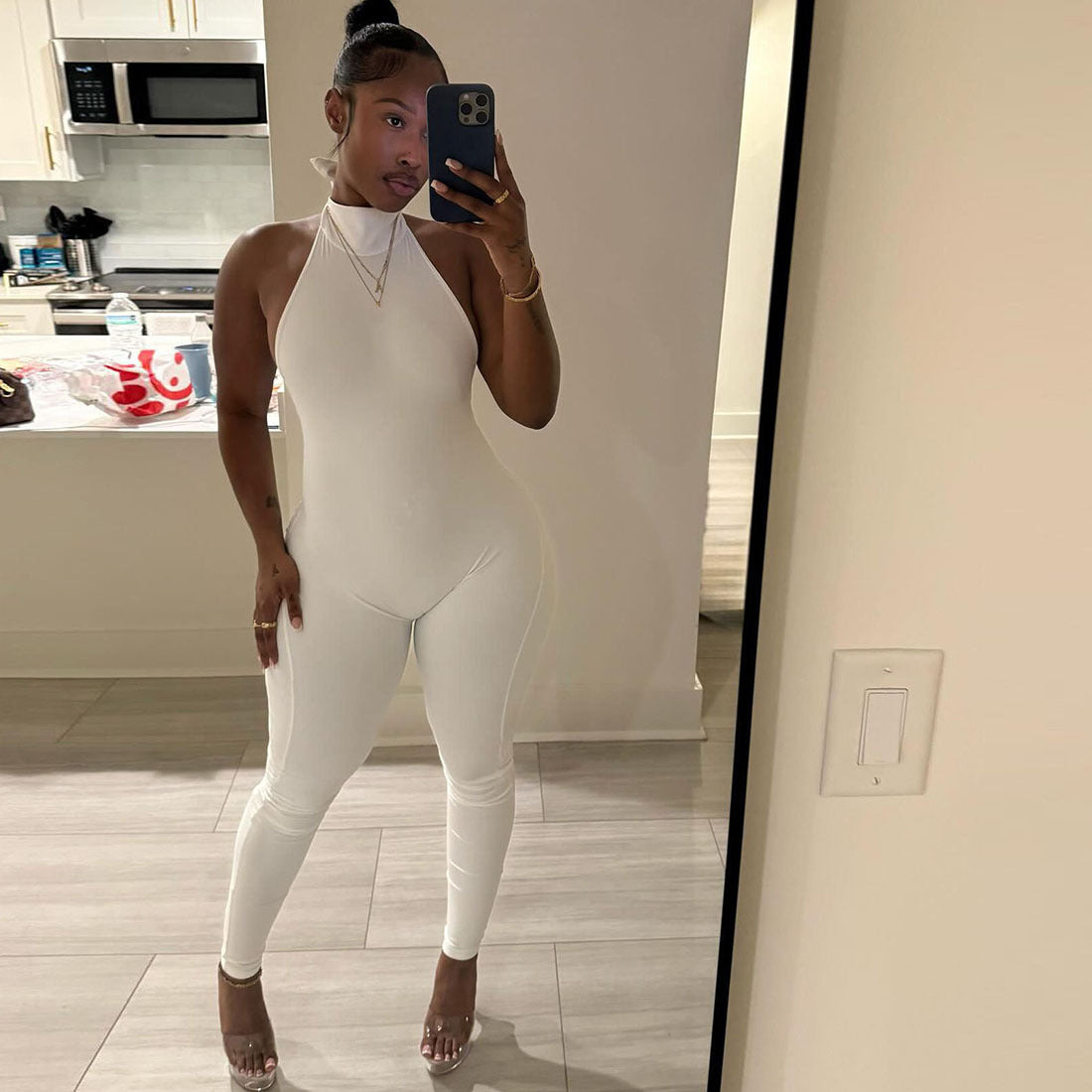 SXR autumn and winter backless halter lace-up hip raise skinny jumpsuit