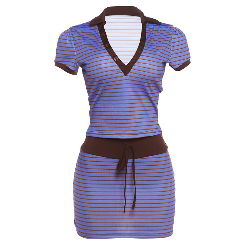 DLS spring sexy deep V short sleeve top striped sheath skirt outfit