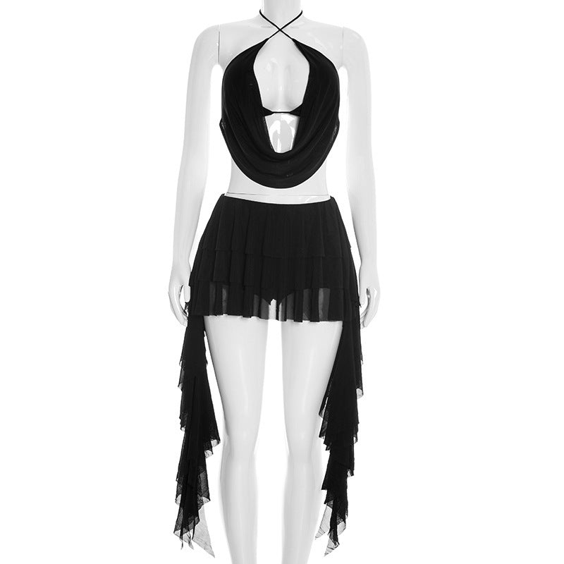 DZHT D26ST055 mesh halter swing collar tied top fake two-piece ruffled pantskirt two-piece suit
