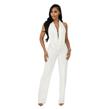 DZHT J26JP084 fashion solid color slim fit slimming pocket cap backless jumpsuit wholesale
