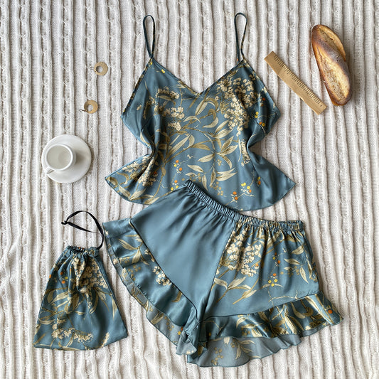 DNL spring imitated silk pajamas two-piece printed shorts suit suspender skirt