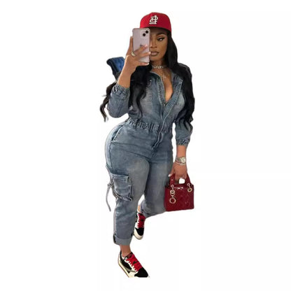 MZ (S-2XL) MZ88596 washed high elastic long sleeve one-piece trousers