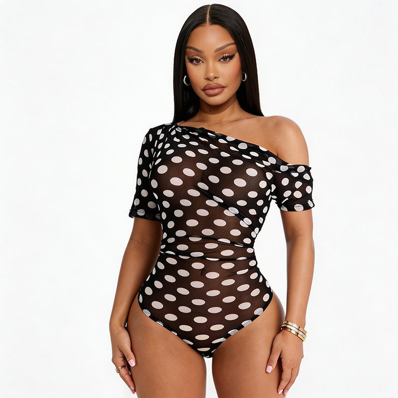 DZHT J26BS139 summer dot mesh see-through off-the-shoulder short sleeve rompers