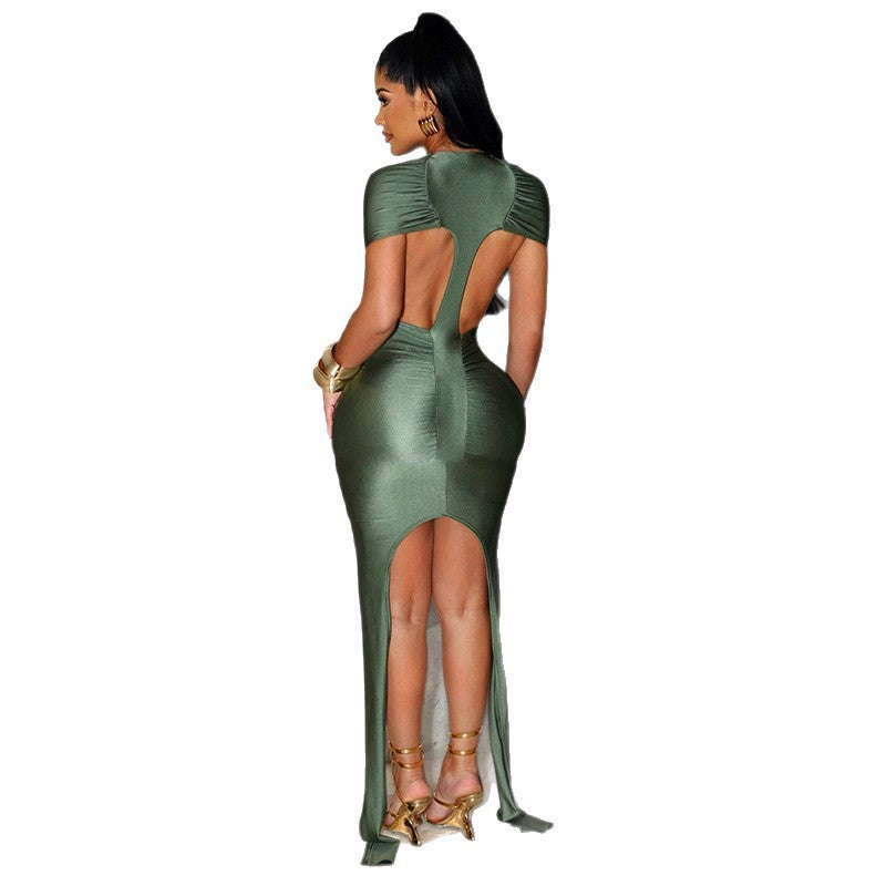 DZHT J26DS116 spring/summer fashion solid color back hollow ribbon round neck dress short skirt