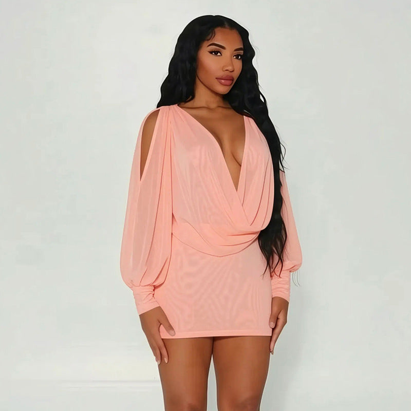 DZHT J26DS261 summer solid color long sleeve draped collar backless sheath dress short skirt