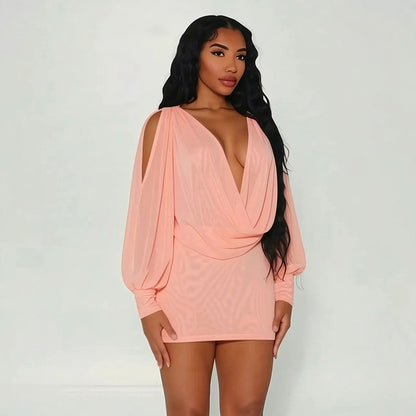 DZHT J26DS261 summer solid color long sleeve draped collar backless sheath dress short skirt