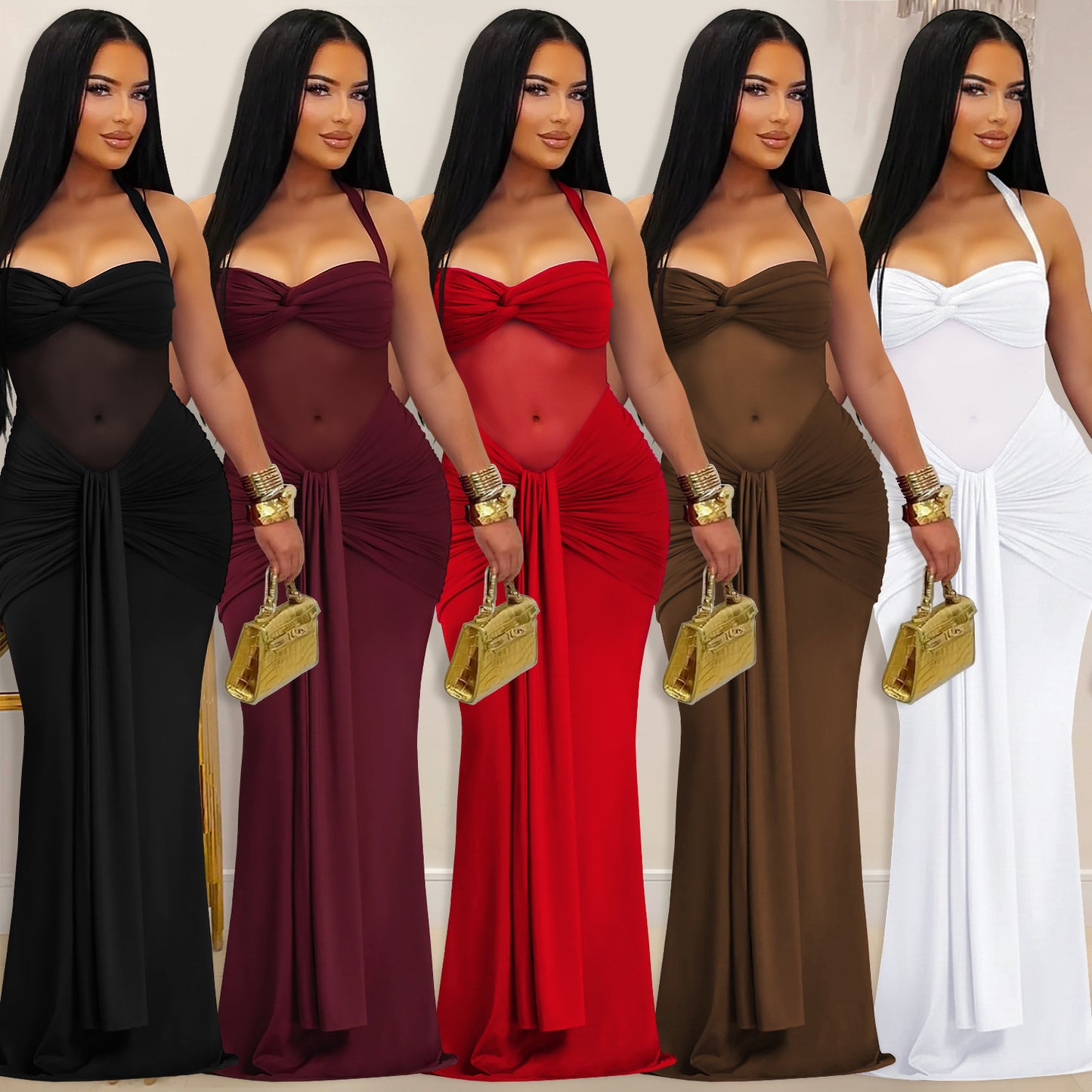 XYZ C7608 sheer mesh halter tied dress