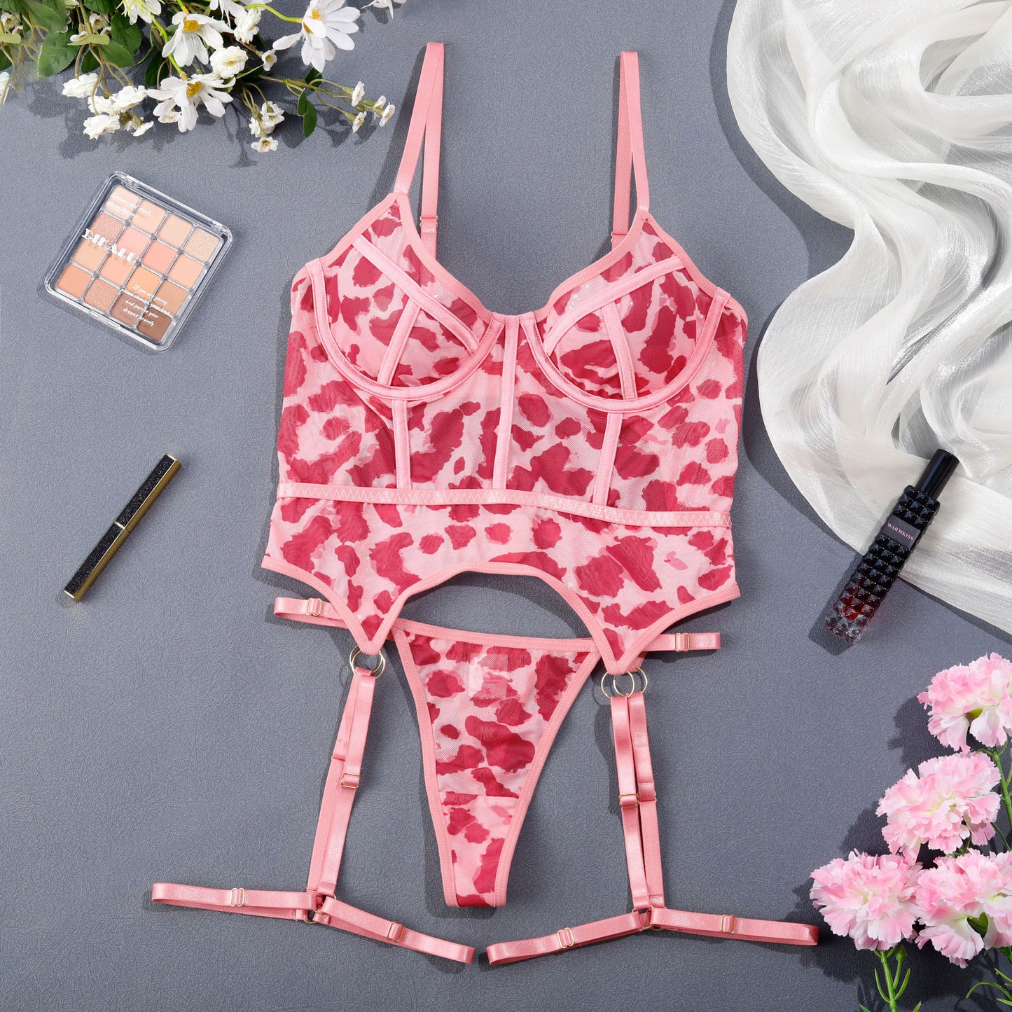 Underwear fishnet clothes seductive leopard print pink