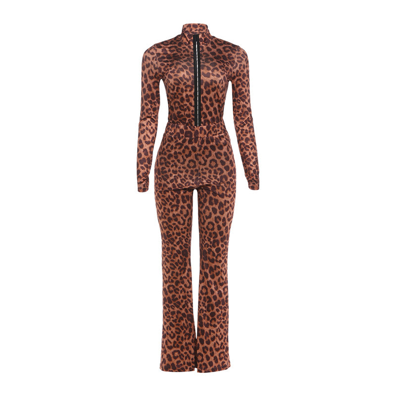 SXR winter leopard print top high waist bootcut pants suit