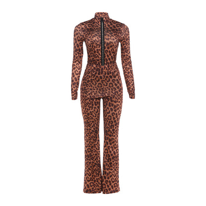 SXR winter leopard print top high waist bootcut pants suit