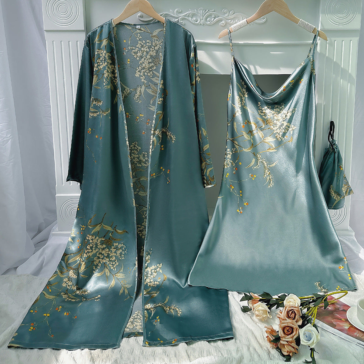 DNL printed small cherry emulation silk nightgown Ice Silk suspender skirt nightdress