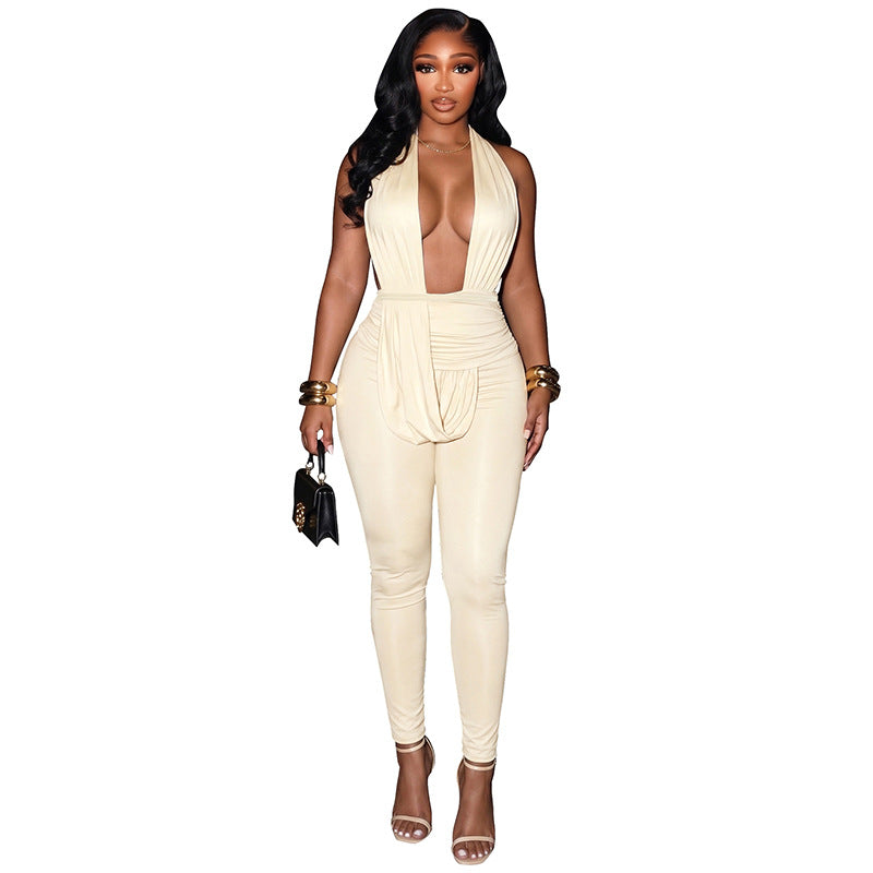 DZHT D26JP219 halter deep V-neck slim-fit hot girl swing collar backless Siamese trousers