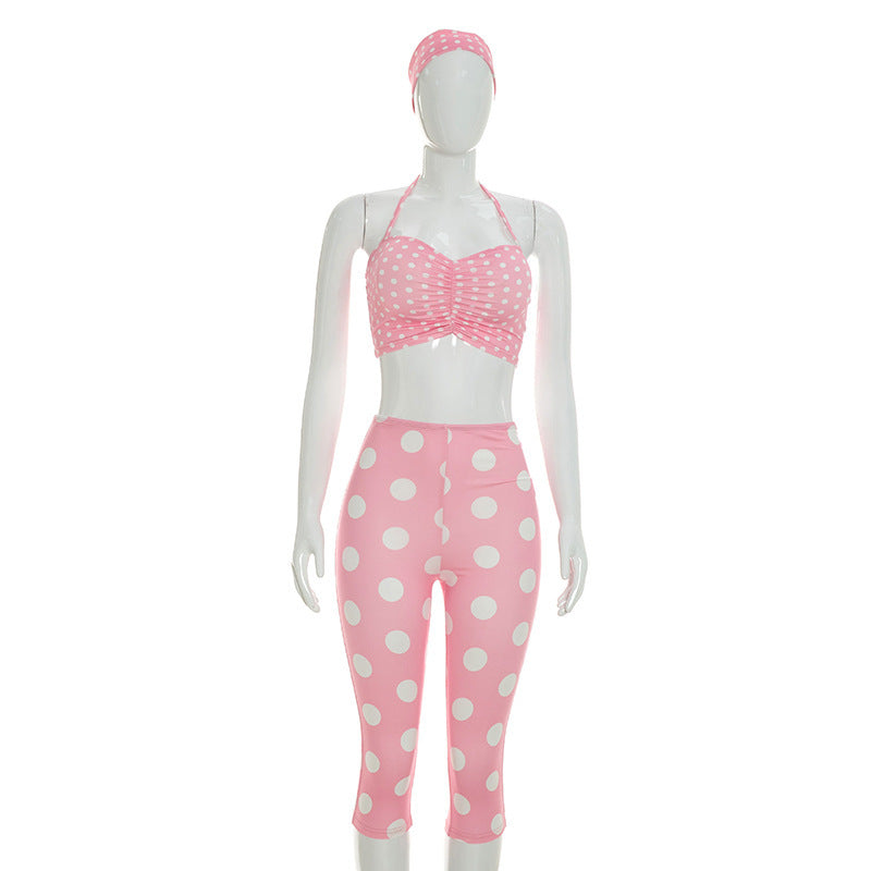 DZHT Q26ST076 halter spaghetti straps tight cropped pants polka dot print hair band three-piece suit