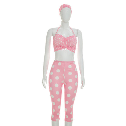 DZHT Q26ST076 halter spaghetti straps tight cropped pants polka dot print hair band three-piece suit