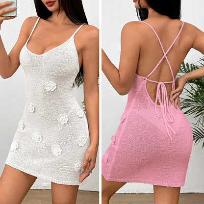 CYB U-collar cross strap three-dimensional hook flower slip dress
