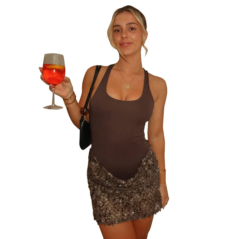 DZHT D25DS562 hip-wrapped short fake two pieces vest stitching sequins dress