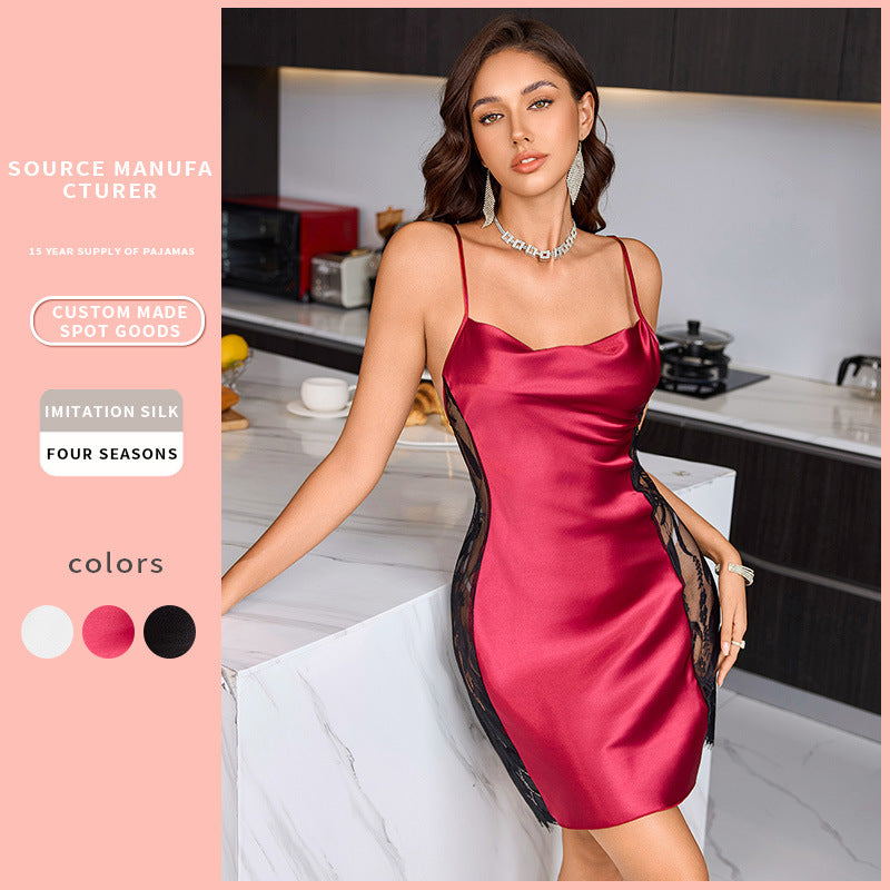 DNL suspender skirt ice silk pajamas lace nightdress sexy sleepwear nightgown