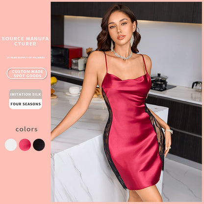 DNL suspender skirt ice silk pajamas lace nightdress sexy sleepwear nightgown