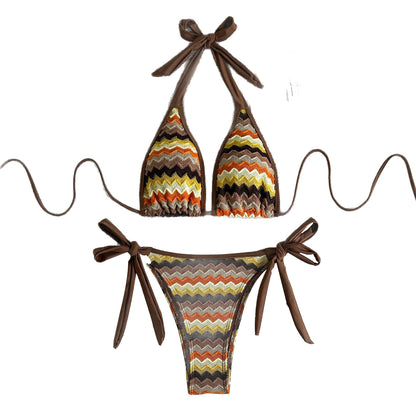 (4 days ready to ship) SY 2026 halter lace-up split bikini striped swimming