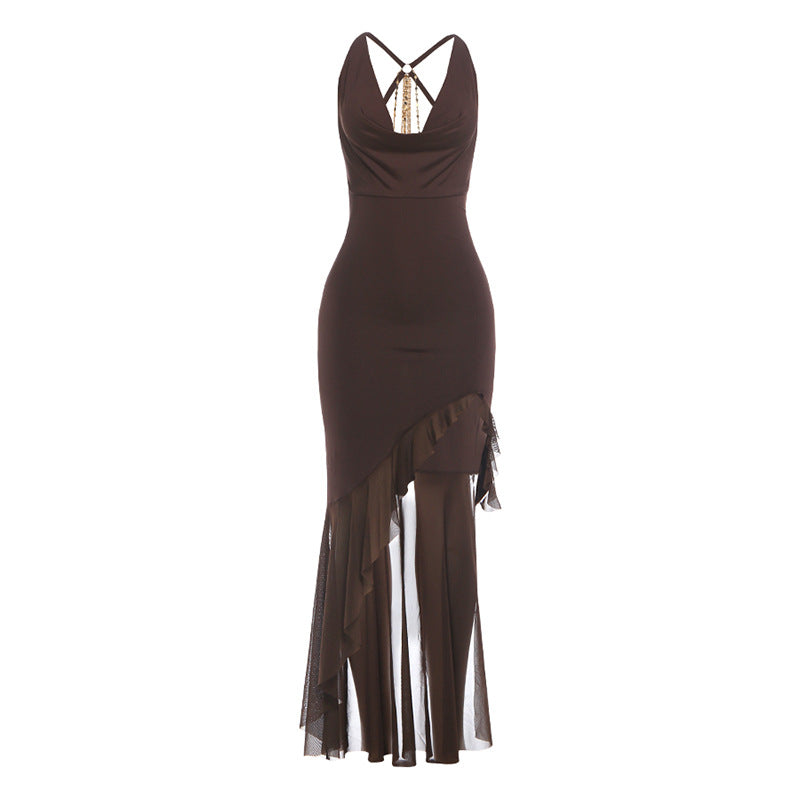 DLS chain butterfly sequined swing collar bare back ruffled dress