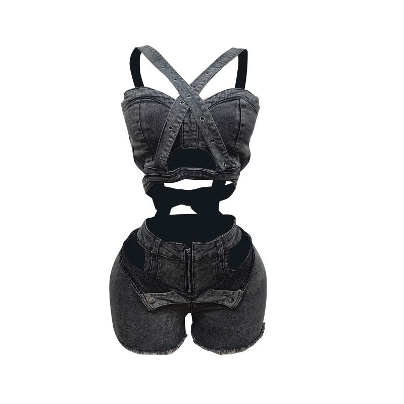 MZ (S-2XL) denim vest shorts MZ88637 tube top bandage stretch shorts suit