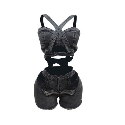 MZ (S-2XL) denim vest shorts MZ88637 tube top bandage stretch shorts suit