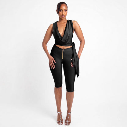DZHT J26ST201 summer draped collar tied top zipper decorations tight cropped pants