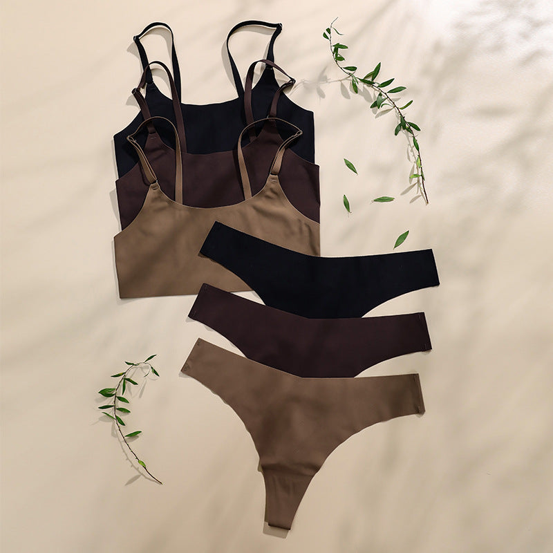 Seamless thin large size underwear set small breast size exaggerating bra T-shaped beauty back adjustable wireless bra