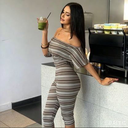 DLS summer stripes tube top off-shoulder short sleeve skinny knee length pants suit