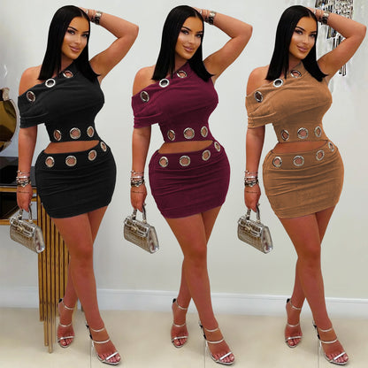 XYZ C7530 eyelet button oblique shoulder tops short skirt two pieces