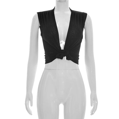 DZHT C26TP090 spring/summer solid color deep V-neck knotted sleeveless short top T-shirt