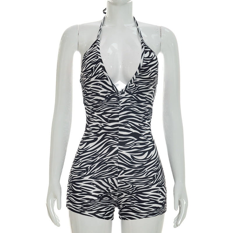 DZHT Q26RP091 zebra print halter deep V-neck backless Siamese shorts