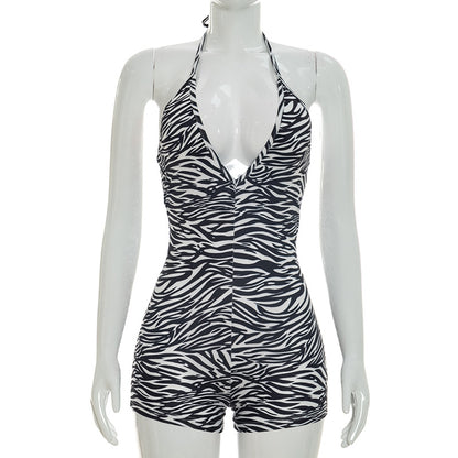 DZHT Q26RP091 zebra print halter deep V-neck backless Siamese shorts