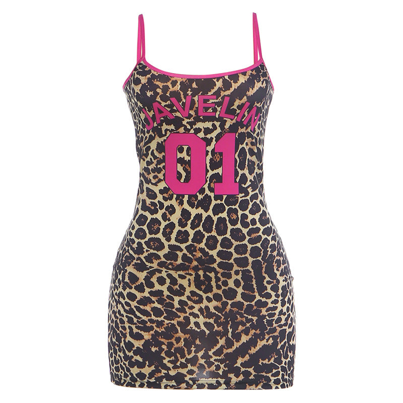 DLS INS summer leopard-print slim-fit sleeveless U-neck hip spaghetti straps dress
