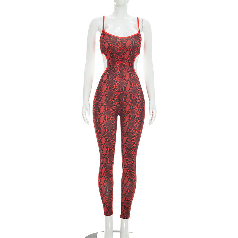 DZHT D26JP153 python print hollow-out camisole backless bow one-piece trousers