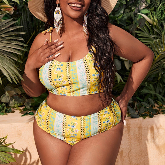 LF (L-4XL) women's split color printing swimsuit plus size