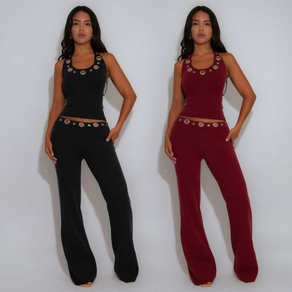 XYZ C7558 casual slim fit eyelet button top and trousers suit
