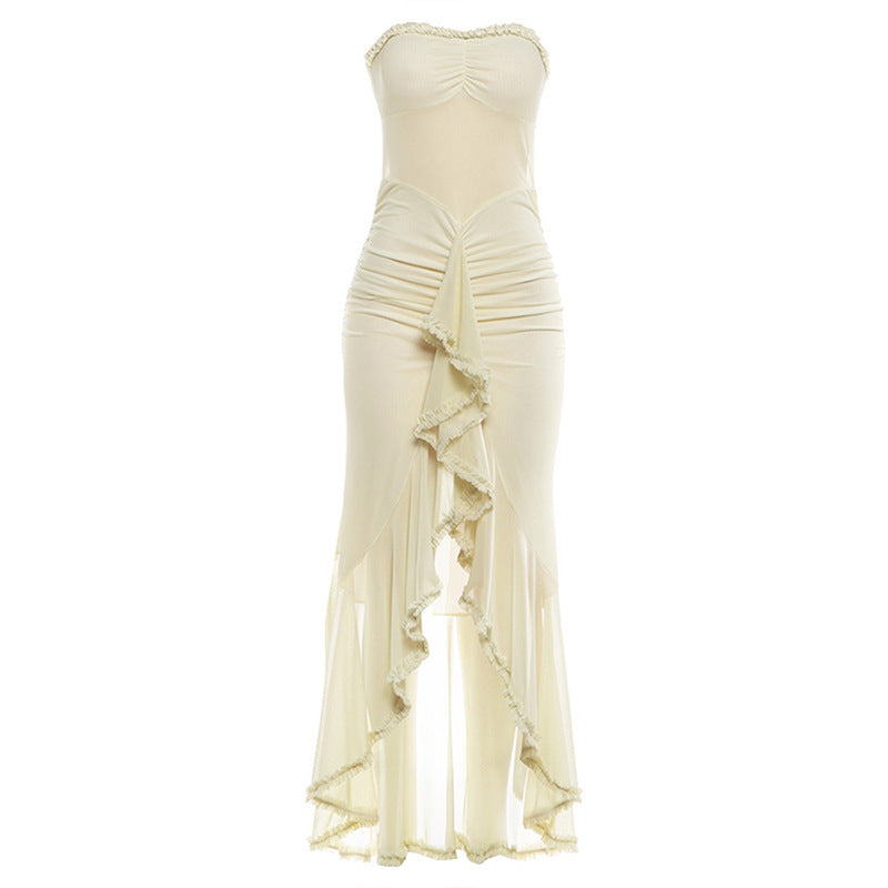 DLS ruffled stitching tube top sheath slit dress