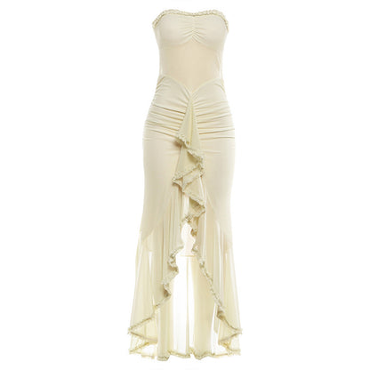 DLS ruffled stitching tube top sheath slit dress