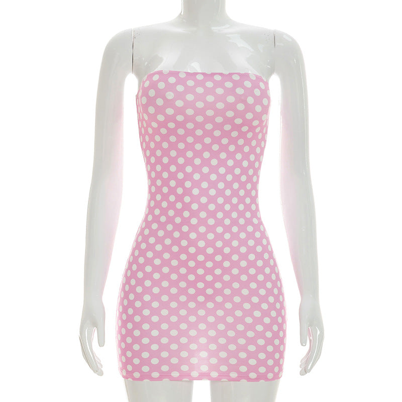 DZHT D26DS072 spring/summer fashion polka dot print tube top tight sheath dress